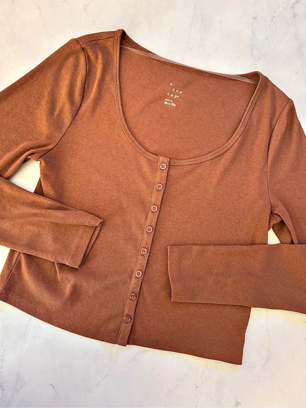 a new day Button Front Ribbed Long Sleeve Top Brown Size Medium